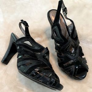 Sofft brand black suede and patent leather heels with cutouts 7.5M